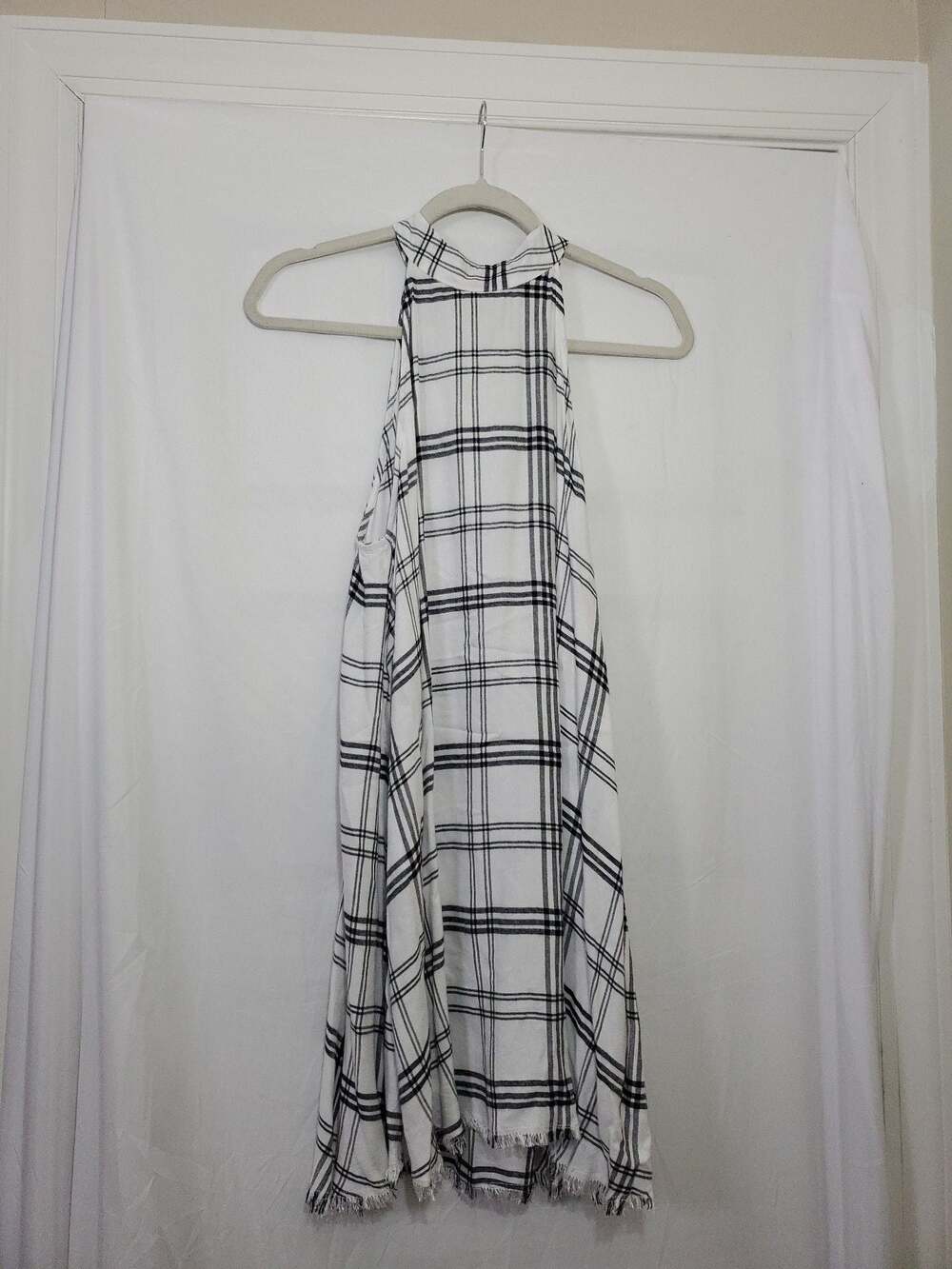 Mud Pie Women's Plaid Halter Neck Dress Size M Frayed Hem